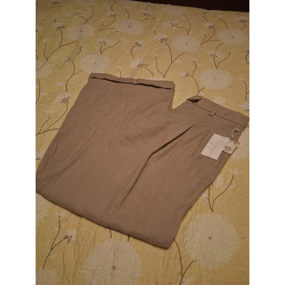 Free People Lyla 100 % Linen Wide Leg Pants In Sand Size 8 NWT